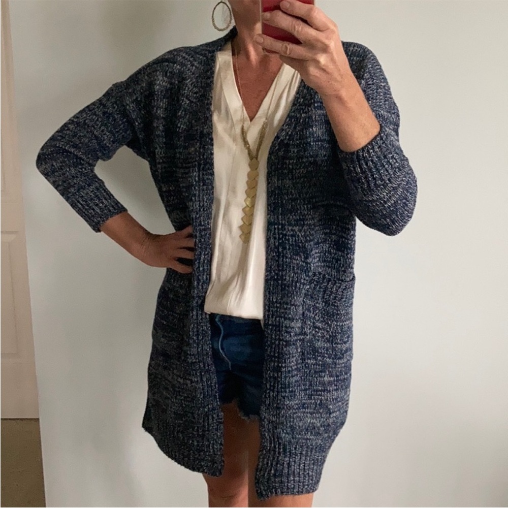 Navy Long Open Front Cardigan Sweater - Picture 2 of 9